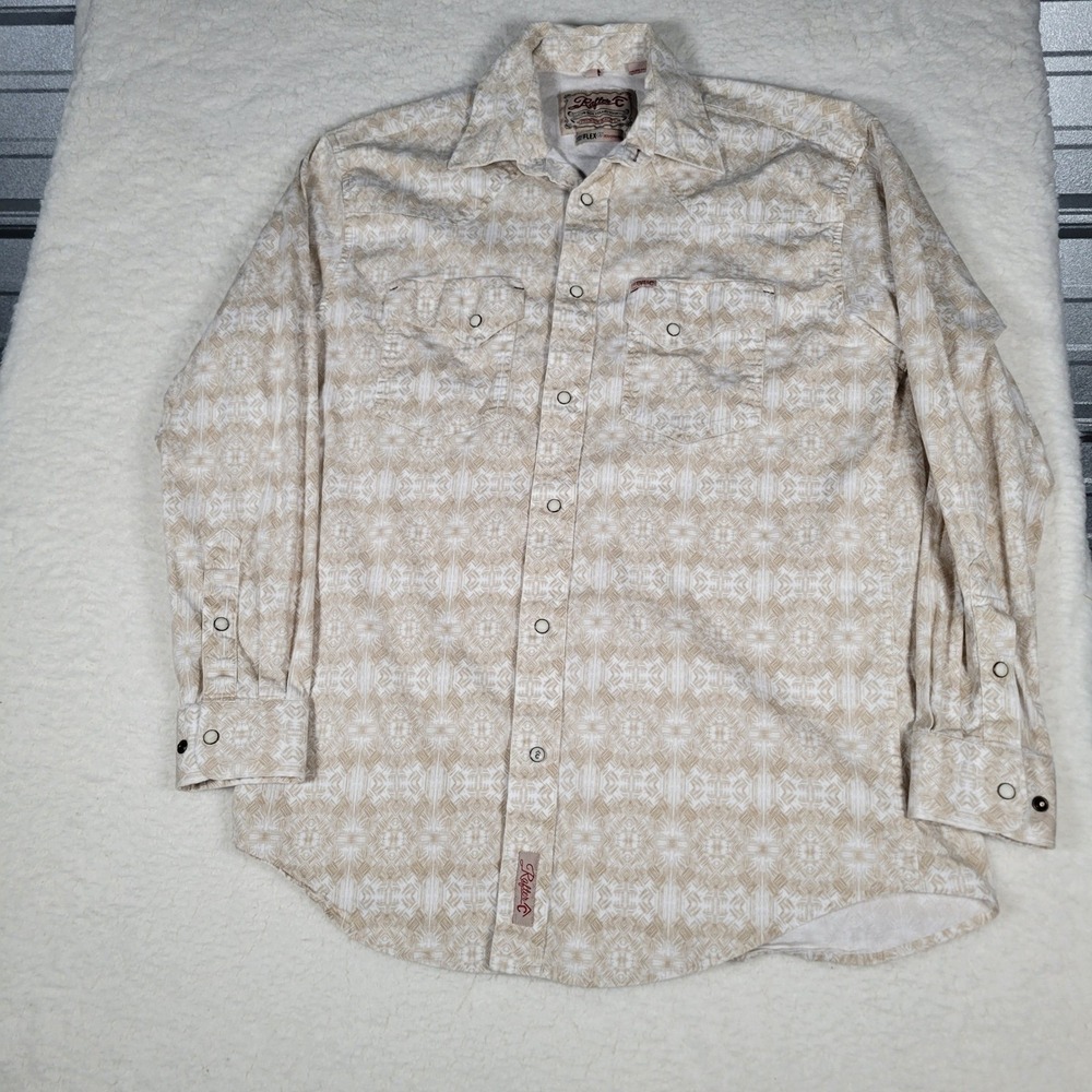 Rafter C Western Shirt Mens Large Tan Geometric Pearl Snap ProFlex Performance‎